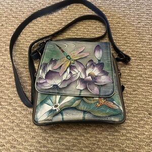 Anuschka Painted Dragonfly & Lotus Crossbody - Purple, Green, Teal